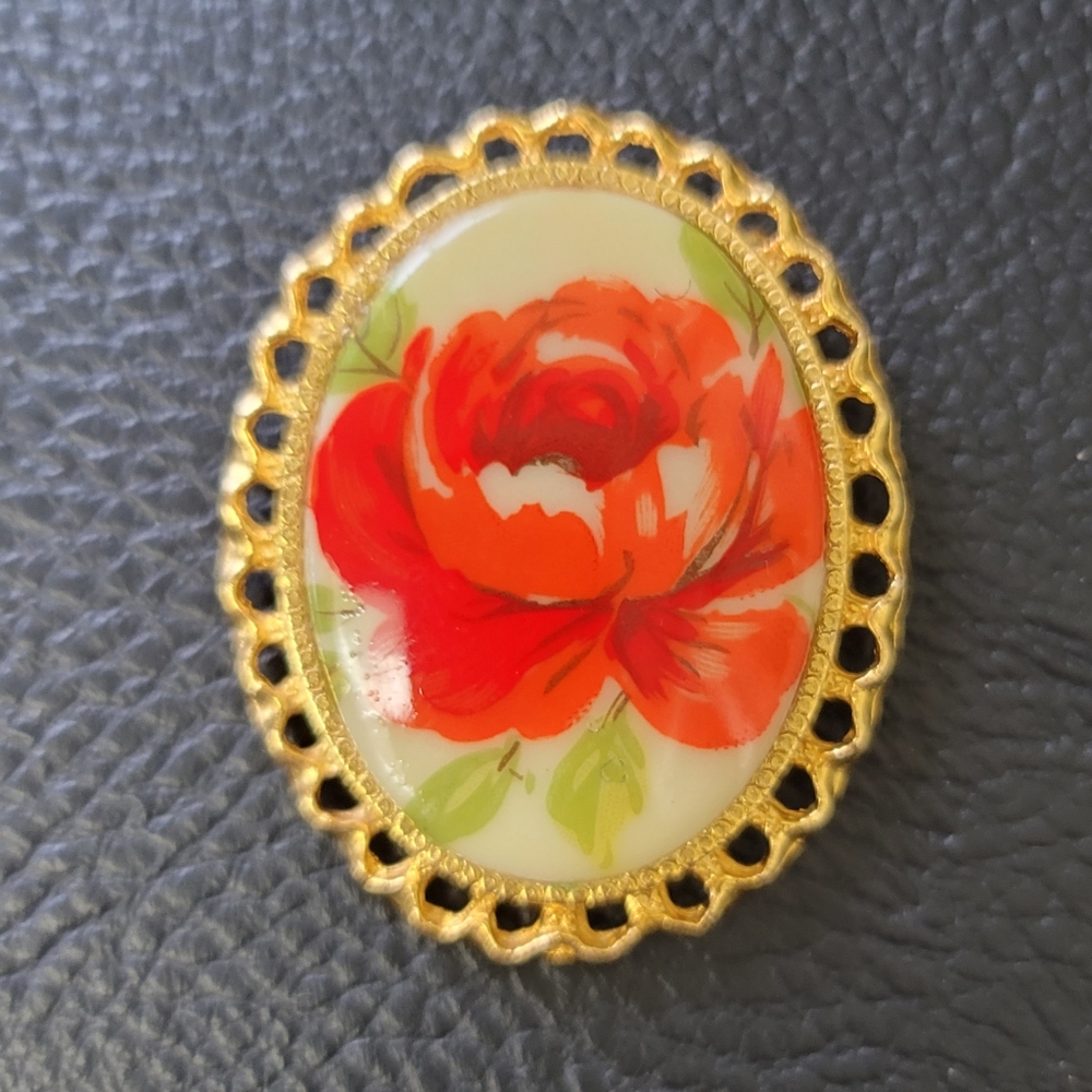 Rose & Gold Porcelain Brooch - Estate Sale Find